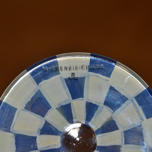 RARE RETIRED DESIGNER MACKENZIE CHILDS BLUE ROYAL CHECK GOLD WINE GLASS GOBLET - Picture 8 of 10